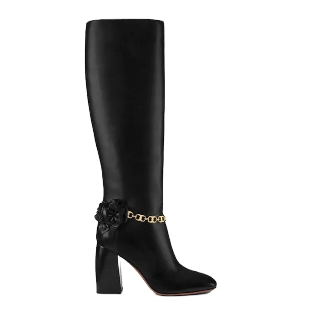 Tory Burch Leather Floral Blossom Knee High Heeled Boot